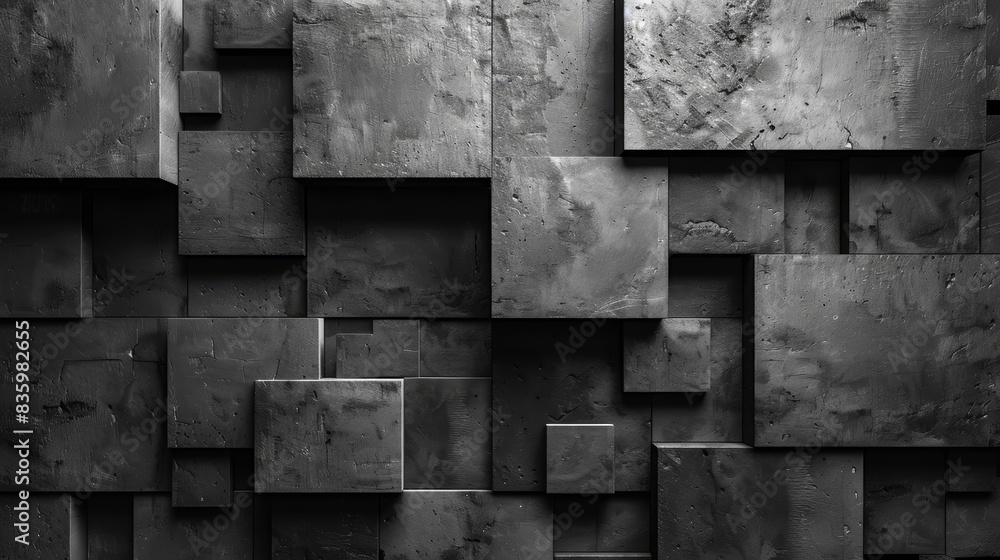 Poster Abstract dark concrete geometric background with overlapping rectangular shapes creating a dramatic and modern visual texture.