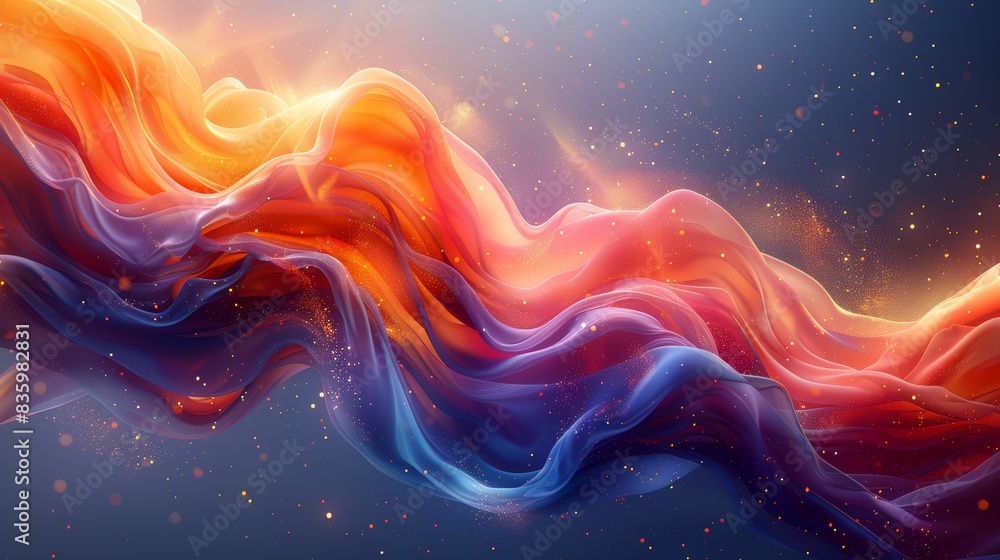 Poster abstract digital art featuring flowing waves of vibrant colors blending seamlessly, creating a mesme