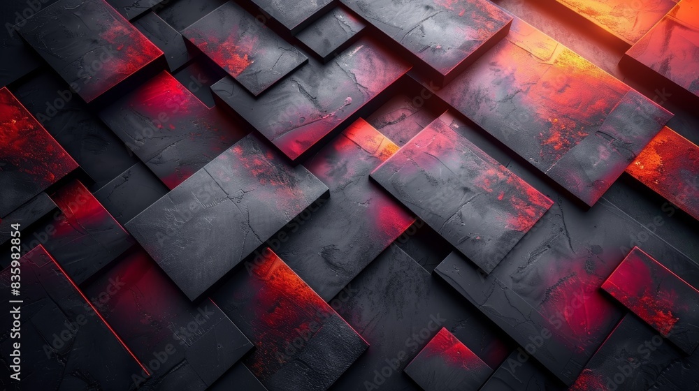 Poster abstract digital art featuring overlapping dark geometric shapes with vibrant red and orange highlig