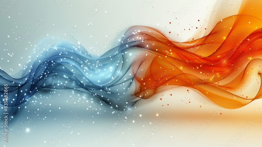 Poster abstract digital art with flowing blue and orange waves and sparkles. vibrant and dynamic design per