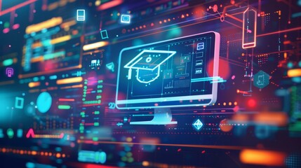 Digital background featuring icons of education and technology, such as a computer screen with academic symbols like the graduation cap or pencil on it, surrounded by digital data visualizations. 