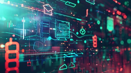Digital background featuring icons of education and technology, such as a computer screen with academic symbols like the graduation cap or pencil on it, surrounded by digital data visualizations. 