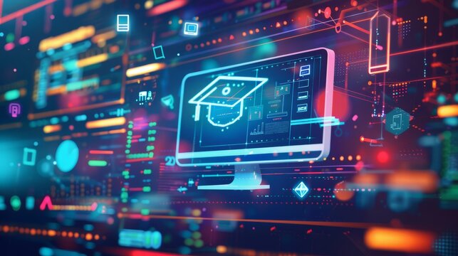 Digital background featuring icons of education and technology, such as a computer screen with academic symbols like the graduation cap or pencil on it, surrounded by digital data visualizations. 
