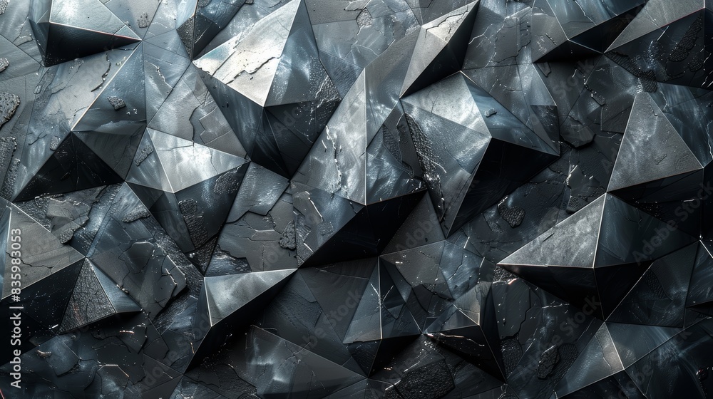 Poster abstract geometric background featuring dark, faceted, 3d triangular shapes, creating a modern and t