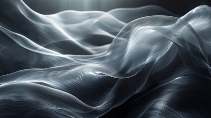 Obraz premium Abstract fluid shapes in shades of silver and black, resembling flowing fabric or waves, illuminated by soft light beams.