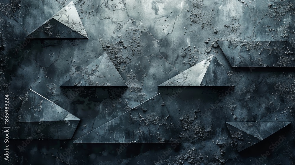 Poster abstract grey geometric shapes on textured dark background, creating a modern and intriguing visual 