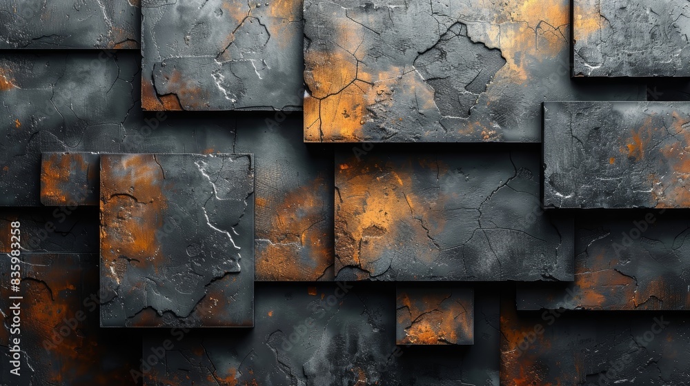 Poster abstract grunge wall with layered metallic textures in dark tones and rustic orange, creating a mode