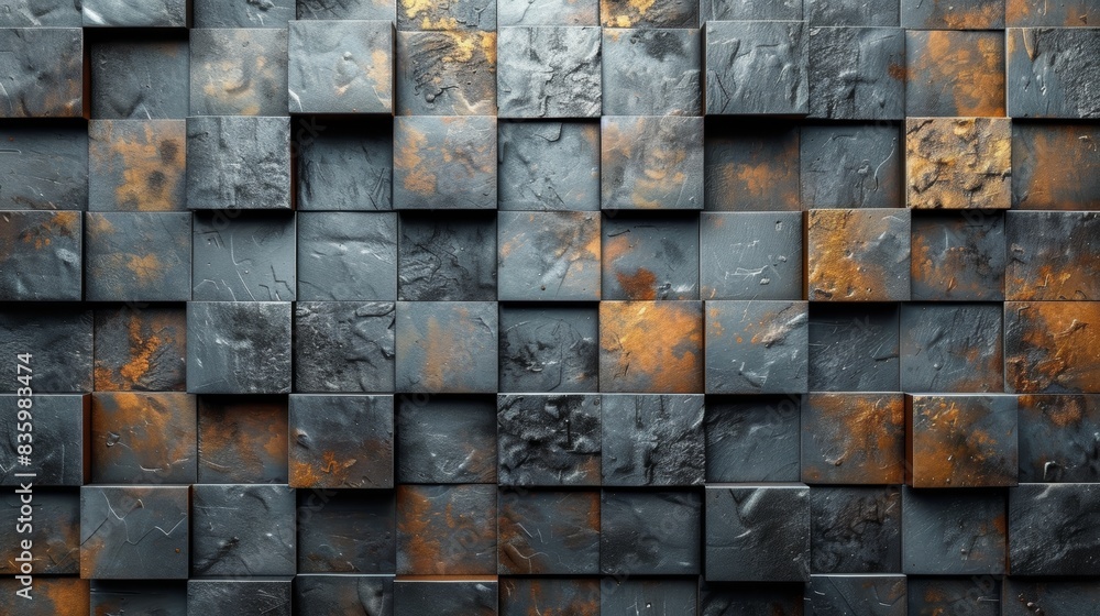 Poster Abstract textured background with metallic tiles in 3D effect, showcasing a mix of dark and rusty hues for artistic and design purposes.