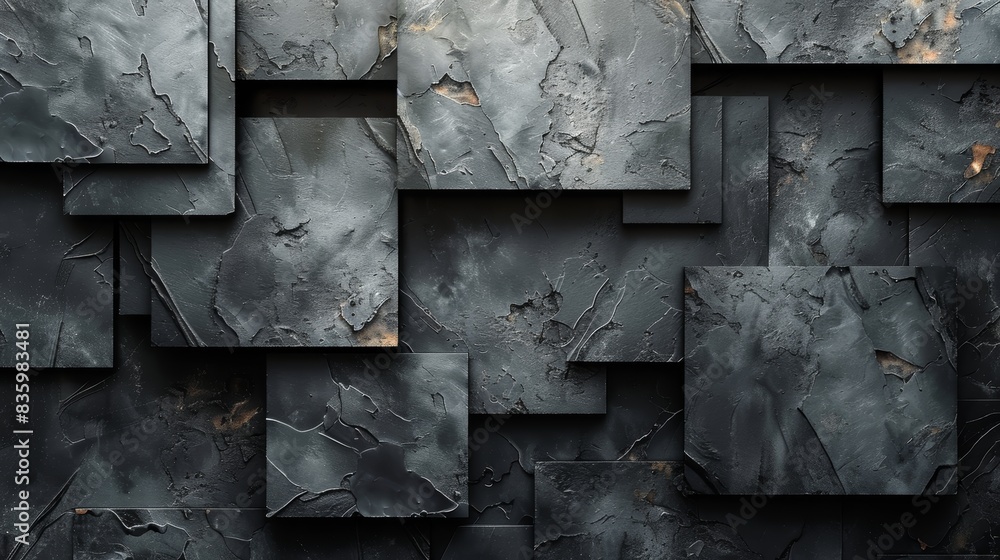 Poster abstract textured dark stone slabs layered in a geometric pattern, creating an industrial and modern