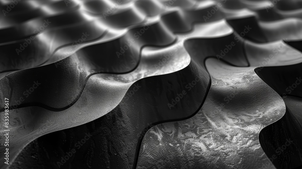 Poster Black and white abstract image of wavy metallic surface with intricate patterns and textures, creating a modern and artistic visual effect.