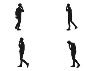Happy man walking and talking with mobile phone silhouettes. Working businessman with cell phone, vector silhouette. Call center. Black color vector illustration isolated on white background.