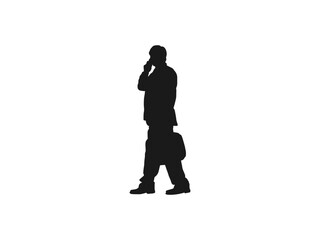 Happy man walking and talking with mobile phone silhouettes. Working businessman with cell phone, vector silhouette. Talking man. Black color vector illustration isolated on white background.