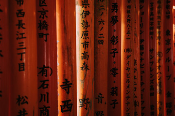 Torii Gate Tunnel Beams at Fushimi Inari Shrine in Kyoto Japan