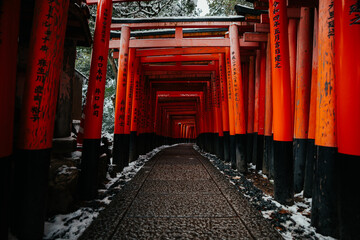 Rare Winter snow at Torii Gate Tunnel at Fushimi Inari Shrine in Kyoto Japan