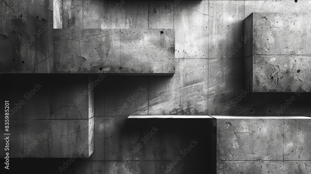 Poster grayscale abstract geometric concrete structure with shadows and textures creating a modern, industr