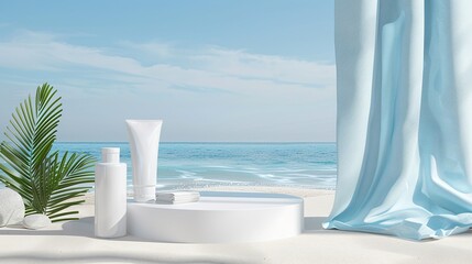 Fototapeta premium 3d minimal cosmetic ad for summer skincare products. Toner bottle mockup with arch door and blue crystal glass cubes