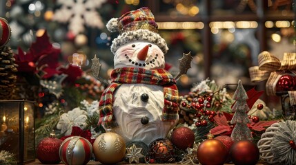 Fototapeta premium Snowman and Ornaments Christmas Decor