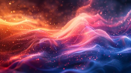 Fototapeta premium Vibrant abstract waves of red, orange, and blue with sparkles creating a dynamic, colorful background for digital or print design.