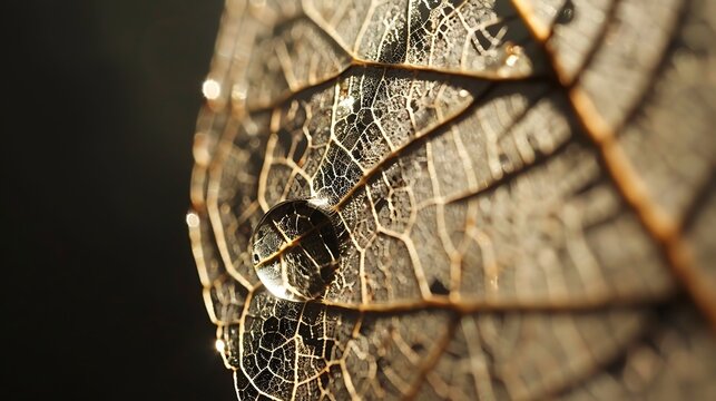 Close-up of raindrop magnified on delicate leaf skeleton, HD quality. - Powered by Adobe