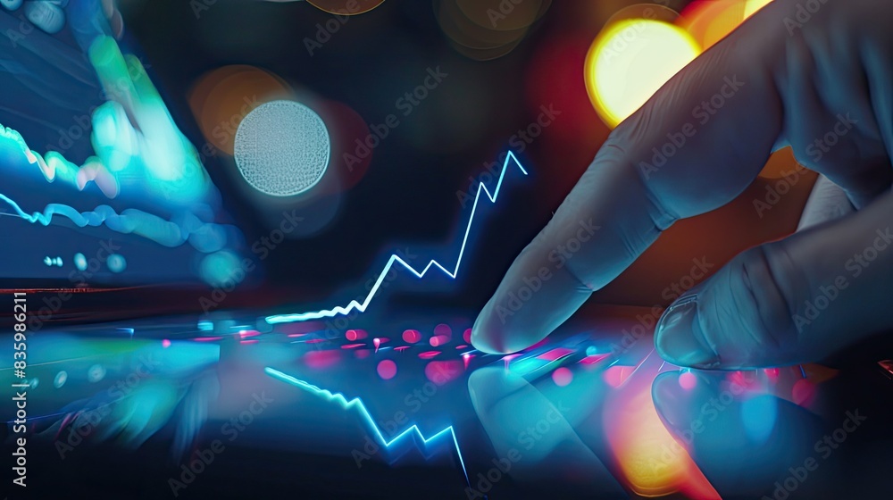 Poster close-up of a hand pointing to a rising line graph on a digital tablet.