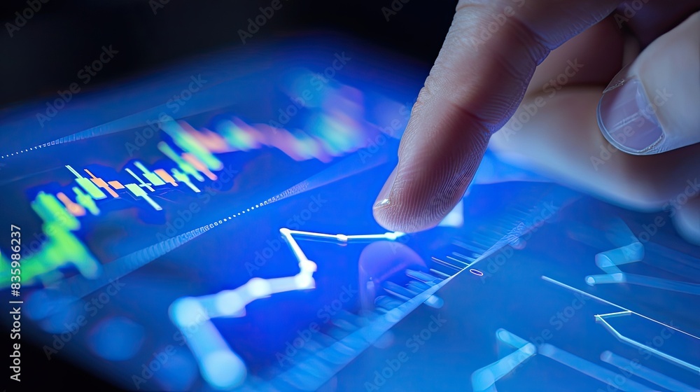 Poster close-up of a hand pointing to a rising line graph on a digital tablet.