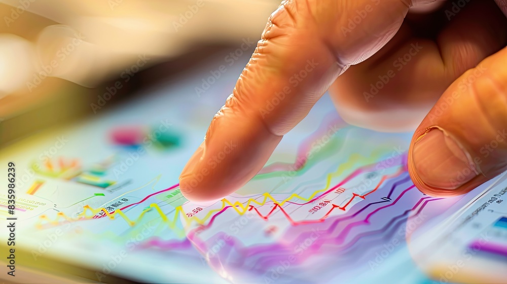 Poster close-up of a hand pointing to a rising line graph on a digital tablet.
