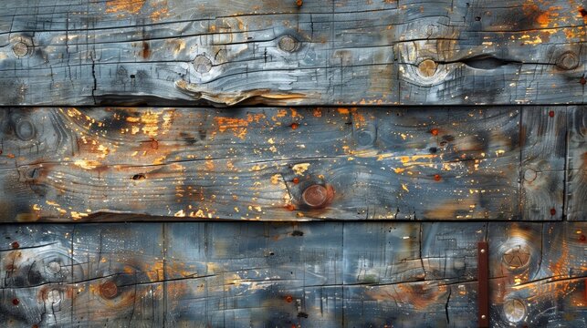 Close-up of weathered wood planks with a blue, brown, and orange paint finish.