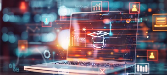 Obraz premium Digital icon of online education with icons and elements on a blurred background, including a laptop screen displaying an animated graduation cap symbol in the center
