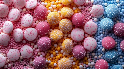 Colorful assortment of candy-coated chocolate balls with sprinkled tops in pink, yellow, and blue, set against a background of candy beads.