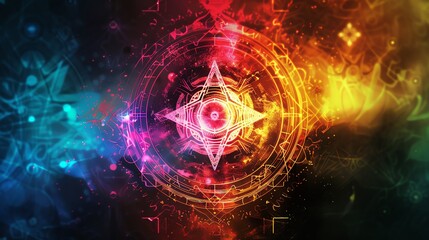 Obraz premium Occult symbols, arcane designs, close up, vibrant colors, double exposure silhouette with mystical sigils