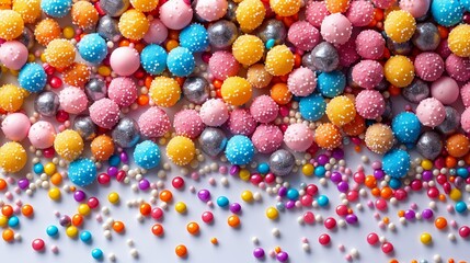 Fototapeta premium Colorful candy balls scattered on a white surface, showcasing vibrant colors with sparkly textures, perfect for festive and cheerful themes.