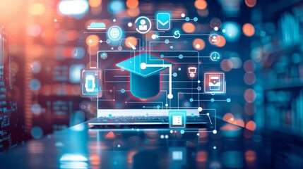 Digital icon of online education with icons and elements on a blurred background, including a laptop screen displaying an animated graduation cap symbol in the center