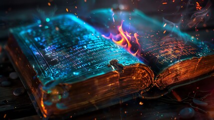 Wizardry spellbook, ancient runes, close up, vibrant colors, double exposure silhouette with magical text
