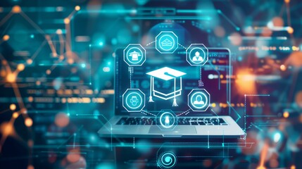 Fototapeta premium Digital icon of online education with icons and elements on a blurred background, including a laptop screen displaying an animated graduation cap symbol in the center