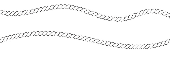 Straight and wavy rope, black monochrome silhouette and outline. Flat vector illustration isolated on white background.