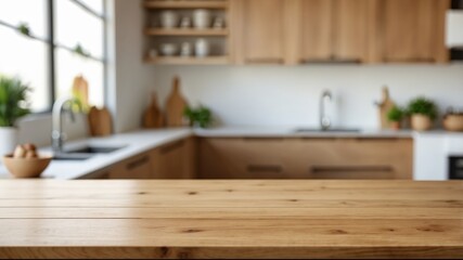 empty beautiful wood table top counter and blur bokeh