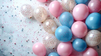 Pink, blue and clear balloons with confetti on a white background.  Perfect for a birthday, baby shower or gender reveal.