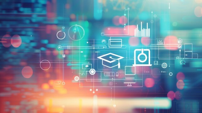 Digital illustration of an online education platform with icons representing educational elements like graduation caps, computer screens and data visualizations on a blurred background. 