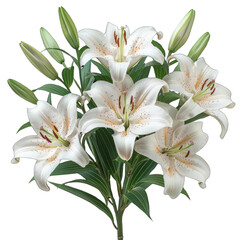 Fototapeta premium A beautiful bouquet of white lilies in full bloom, with green leaves and unopened buds, isolated on a white background.
