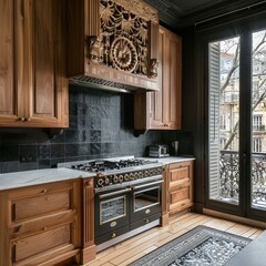 Parisian kitchen with wood cabinets, white marble countertop, black tile walls, oak flooring, and Persian carpet. 