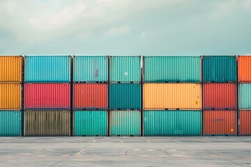 Artistic depiction of multiple cargo containers stacked in an orderly fashion at a port
