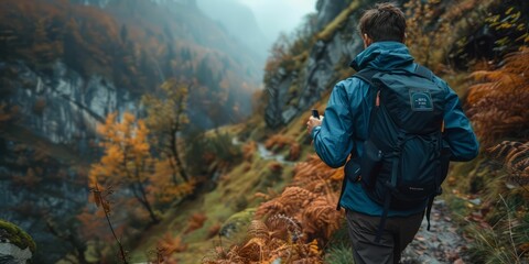A hiker with a backpack walks through a misty forest.