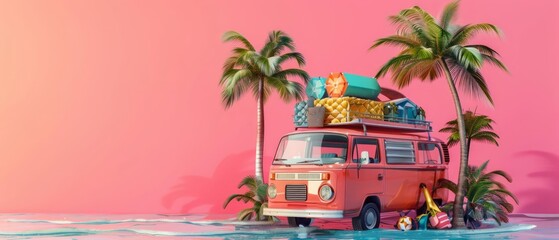 Beach travel concept featuring a van loaded with vacation gear on a vibrant pink backdrop, 3D rendering