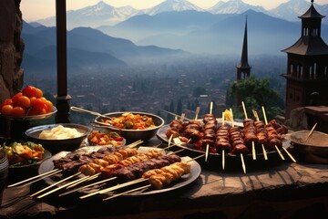 Persian kebabs on a traditional Iranian village rooftop.