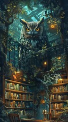 Obraz premium An owl perched on a bookshelf in a dimly lit library, surrounded by books and candles. The owl looks wise and watchful.