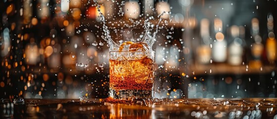 Cocktail with ice splashing, highlighting a mix of rum, liquor, cognac, and whiskey in a bar setting