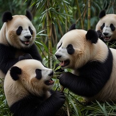 Obraz premium Pandas eating bamboo trees
