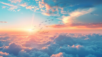 A breathtaking view of birds flying in formation through a sea of clouds as the sun sets behind them, casting a warm glow across the sky