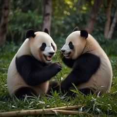 Obraz premium Pandas eating bamboo trees
