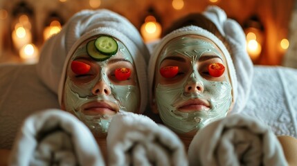 Two women with facial masks relaxing in a spa.